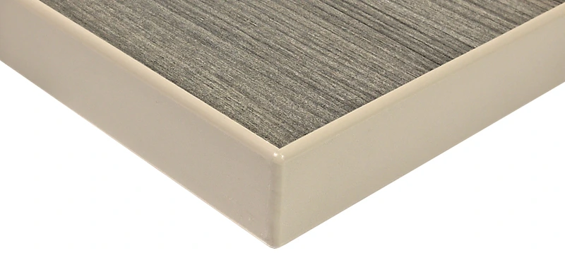 Storm Teakwood Laminated Plastic With Taupe 3MM Solid Color PVC Edge Table Top Detail.
