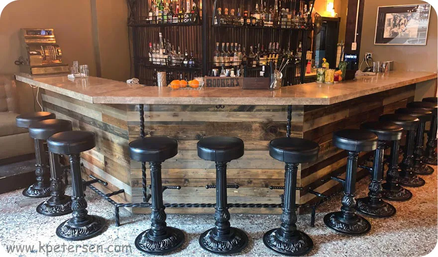 Speakeasy Bar Front With Ornate Cast Iron Round Bottom Pub Stools