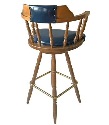 Closeout Maple Stain, Early American, Colonial Style Upholstered Wood Captains Swivel Bar Stool Rear View