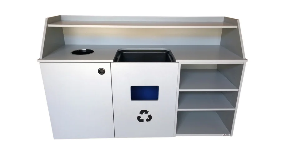 Top Drop Waste Receptacle, Bussing Station, Storage Cabinet Combination Doors Closed
