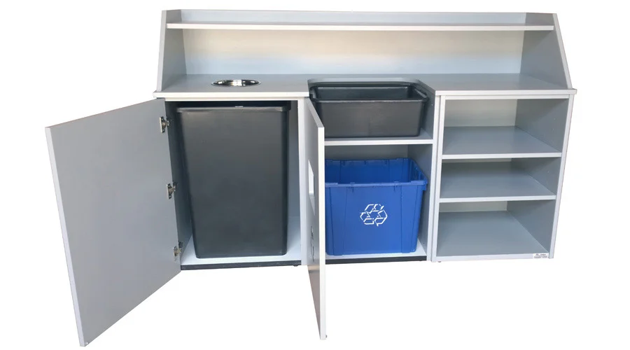 Top Drop Waste Receptacle, Bussing Station, Storage Cabinet Combination Doors Open