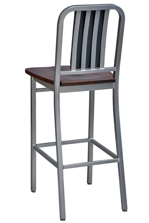 Deco Steel Bar Stool with Wood Seat and Upholstered Back Rear View
