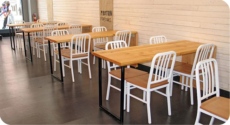 Deco Steel Restaurant Chairs with Wood Seat and White Frame