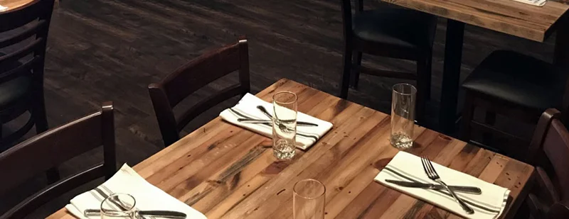 Distressed Pine, Narrow Plank Restaurant Tables Installation