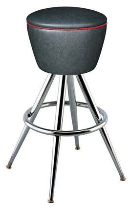 Retro Chrome Drum Bar Stool All Welded Pyramid Frame Black with Red Piping Vinyl Upholstery