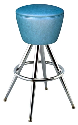 Retro Chrome Drum Bar Stool All Welded Pyramid Frame Blue Vinyl Upholstery