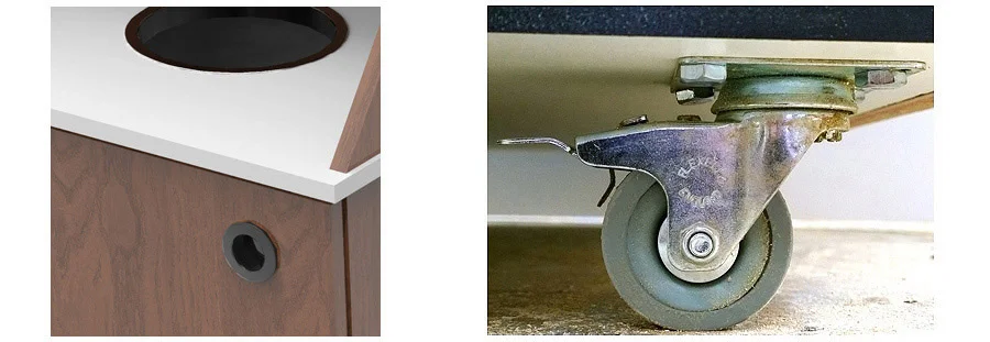 Top Drop Waste Receptacle Standard Door Pull and Optional Caster Details
