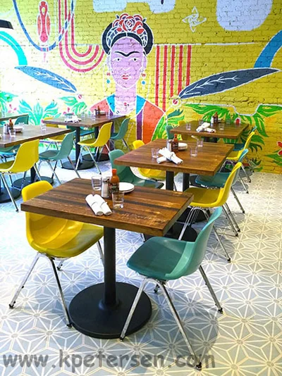 Fiberglass Shell Seat
			Stacking Chairs Restaurant Installation Mural and Detail View