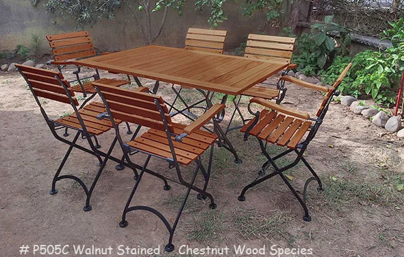 19th Century Reproduction French Garden Cafe Folding
            Arm Chairs, Walnut Stained Chestnut Dining Table