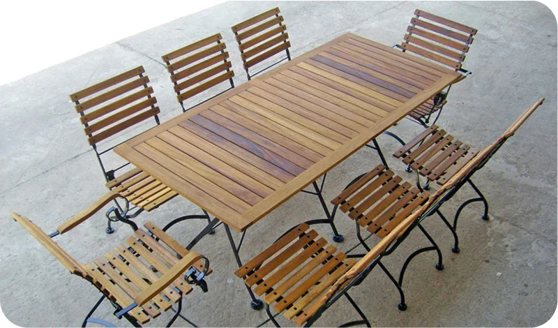 Teak Folding Bistro Armchairs with Large Rectangular Teak Table Installation