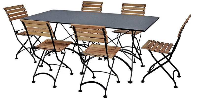 Teak Folding Bistro Chairs with 32 X 72 Inch Rectangular Steel Outdoor Folding Table Black