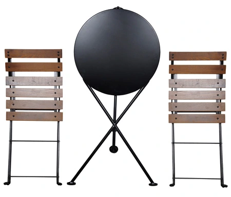 Round Steel Outdoor Tripod Folding Table and Chairs in Folded Position