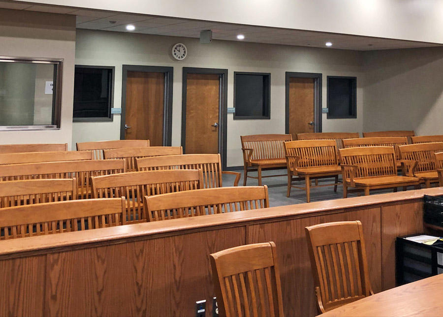 Oak Schoolhouse Style Courtroom Benches Installation 2