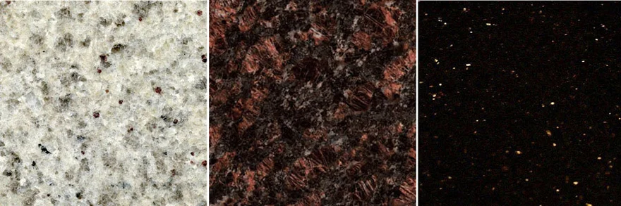 Premium Granite Table Color Selections Kashmir, Ruby Red, Black Galaxy