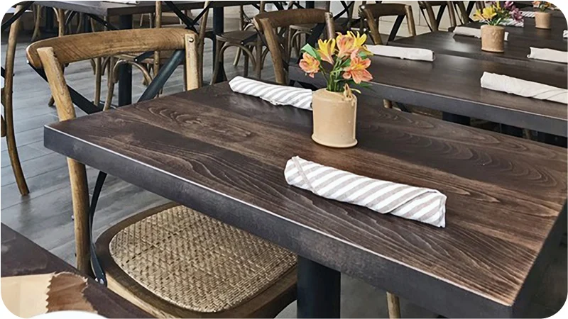 Mixed Plank Beech Chocolate Color Restaurant Table Installation Detail