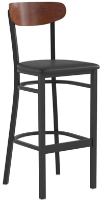 Moon Back Steel Bar Stool Black Upholstered Seat, Wood Backrest Walnut