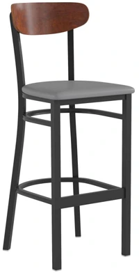 Moon Back Steel Bar Stool Gray Upholstered Seat, Wood Backrest Walnut