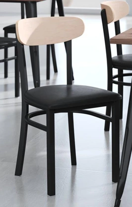 Moon Back Steel Restaurant Chair Black Upholstered Seat, Wood Backrest Natural