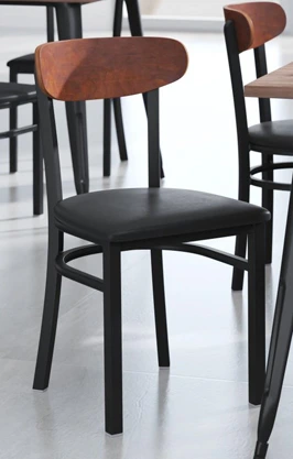 Moon Back Steel Restaurant Chair Black Upholstered Seat, Wood Backrest Walnut