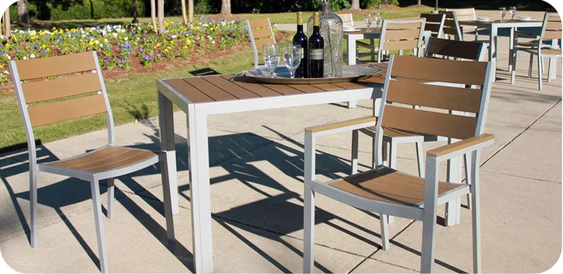 Outdoor Aluminum And Faux Teak Stacking Restaurant Chairs Installation