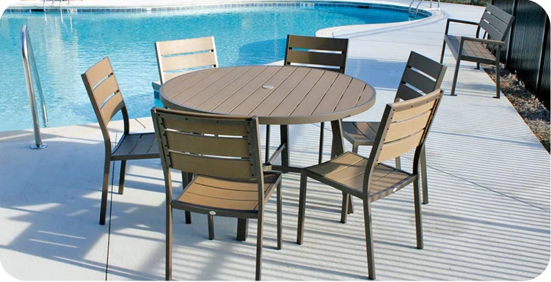 Outdoor Aluminum And Faux Wood Stacking Side Chairs Poolside Installation