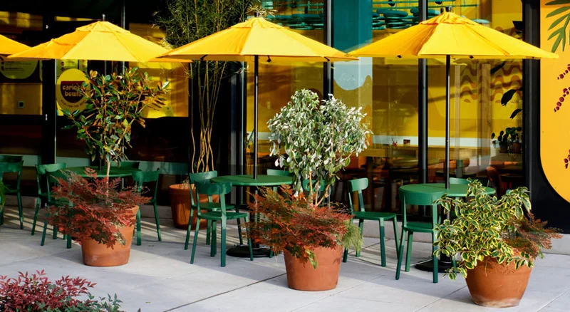 Outdoor Polypropylene Restaurant Chair Green Installation With Umbrellas