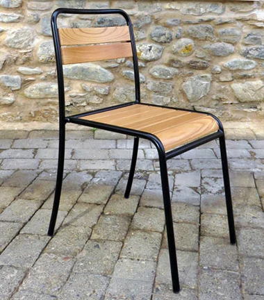 Parisian Park Style Steel Stacking Chair with Chestnut Slats Side View