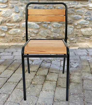 Parisian Park Style Steel Stacking Chair with Chestnut Slats Front View