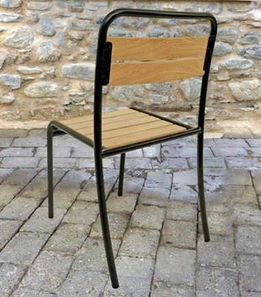 Parisian Park Style Steel Stacking Chair with Chestnut Slats Rear View