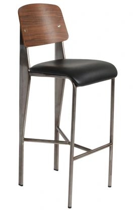Prouve Barstool Upholstered Seat, Wood Back, Side View
