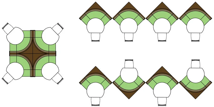 Upholstered Restaurant Booth Special Groupings - Center Pinwheel,Saw Tooth, Zig Zag Arrangements