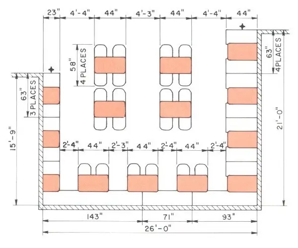Contoured Restaurant Booth General Layout Dimensions
