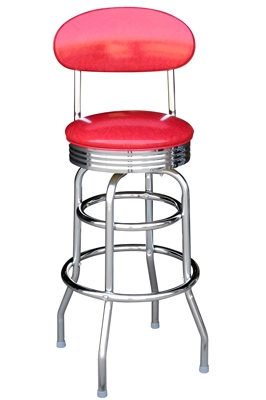 Retro Chrome Rim Bar Stool with Upholstered Backrest Front View