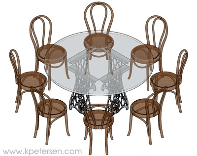 Ornate Cast Iron Sewing Machine End Bases With Large Round Table and Chairs Transparent Perspective View