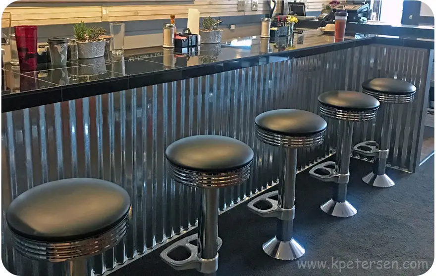 Soda Fountain Counter Stool with Black Upholstered Round Chrome Ring Seat Installation