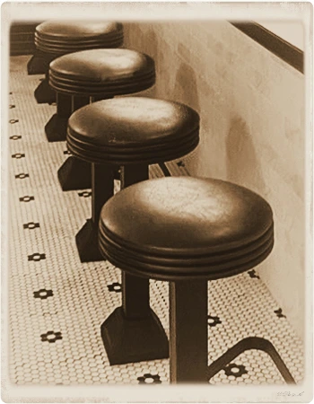 Western Style Drug Store Soda Fountain Counter Stools with Upholstered Seats Installation Detail