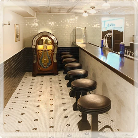 Western Style Drug Store Soda Fountain Counter Stools with Upholstered Seats Installation