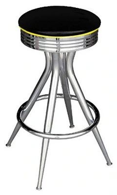 Retro Chrome Sputnik Bar Stool All Welded Frame Black Vinyl Upholstery with Yellow Piping