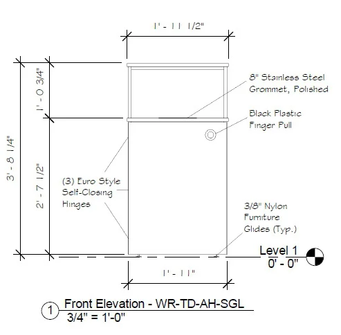 Top Drop Waste Receptacle Specifications Front Elevation Drawing