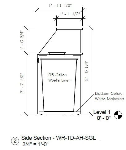 Top Drop Waste Receptacle Specifications Side Elevation Drawing