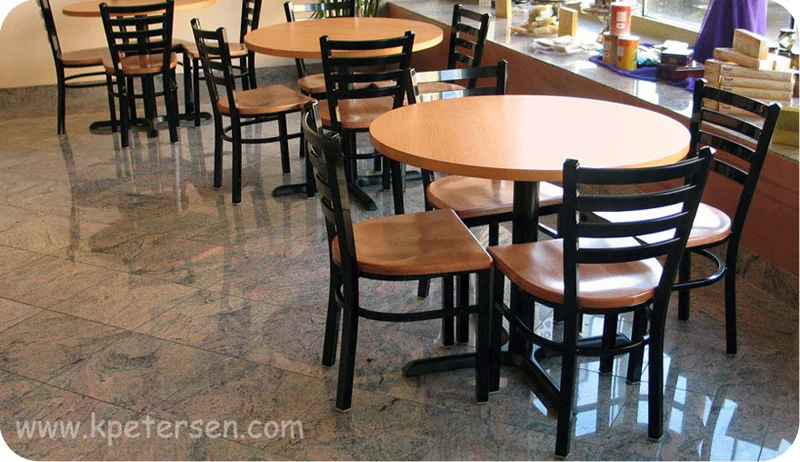Trapezoid Steel Restaurant Chair with Wood Seat Installation